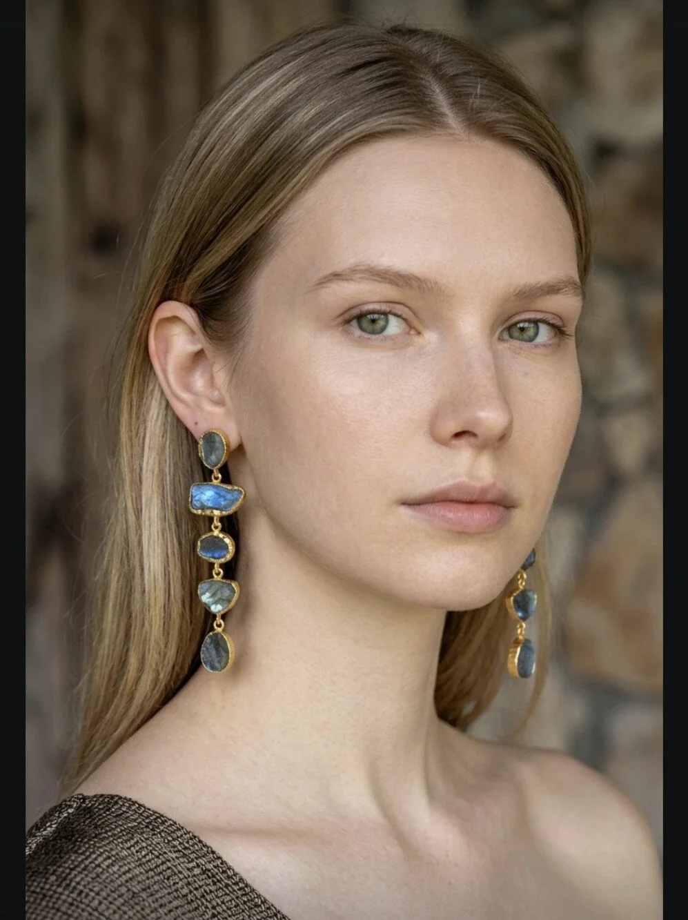 22k Gold Plated Fabulous Genuine Raw Labradorite Stone Crystal Dangle Earrings
